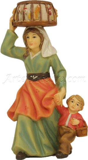 Pastora con niño y gallinas