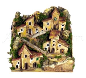 Paisaje de montaña con casas y luces