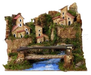 Pueblo de montaña con río y puente