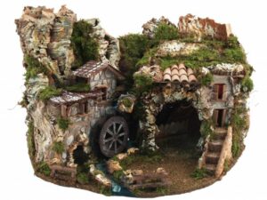 Portal con casas, luces y molino